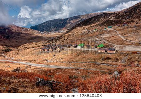Top view of Kupup Valley at about 13000 feet high from sea level Sikkim India with beautiful Himalayan mountain range in the background.