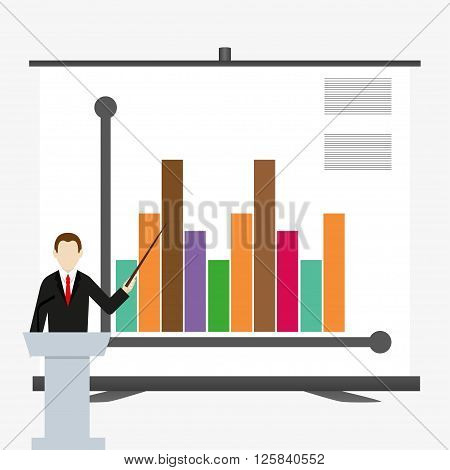 Speaker in a suit points to stand with infographics