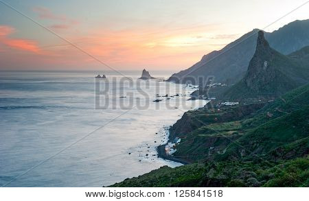 Sunset over villages on Canary Islands, Tenerife, Anaga mountains