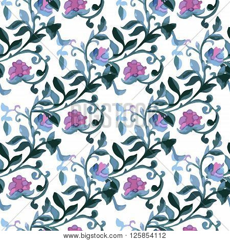 Watercolor Paisley Seamless Background on White. Cold Colors. Indian, Persian or Turkish Art. Vector Handdrawn Pattern.