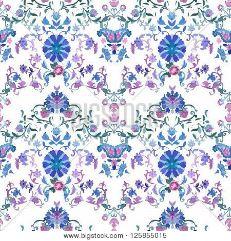 Watercolor Paisley Seamless Background on White. Cold Colors. Indian, Persian or Turkish Art. Vector Handdrawn Pattern.