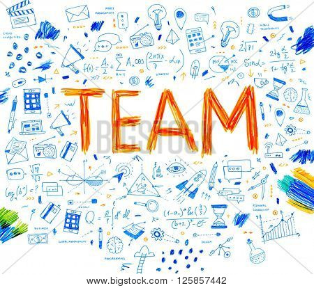 Hand Drawn Style Business Design. Pencil Sketch. Set of application development, web site coding, information and mobile technologies vector icons and elements. Team concept.