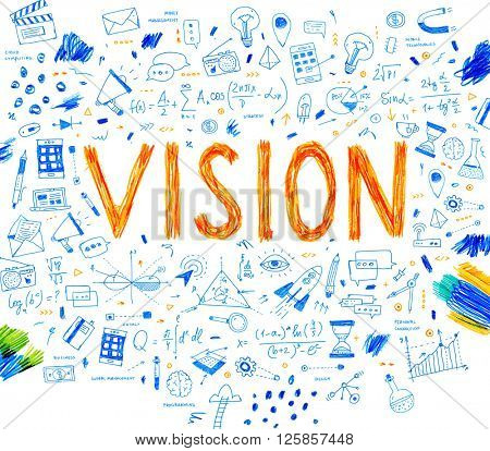 Hand Drawn Style Business Design. Pencil Sketch. Set of application development, web site coding, information and mobile technologies vector icons and elements. Vision concept.