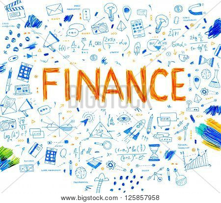 Hand Drawn Style Business Design. Pencil Sketch. Set of application development, web site coding, information and mobile technologies vector icons and elements. Finance concept.