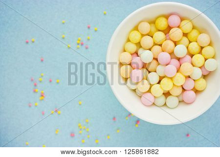 Sweet yummy bubble gum assortment beautiful background blank space for text top view selective focus