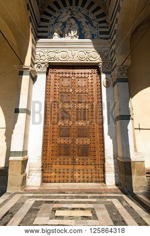 Entrance of the Cathedral of San Zeno (St. Zeno) X century in Piazza Duomo (Cathedral square). Pistoia Tuscany Italy