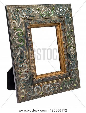 Antique wooden photo frame with empty space isolated on white background