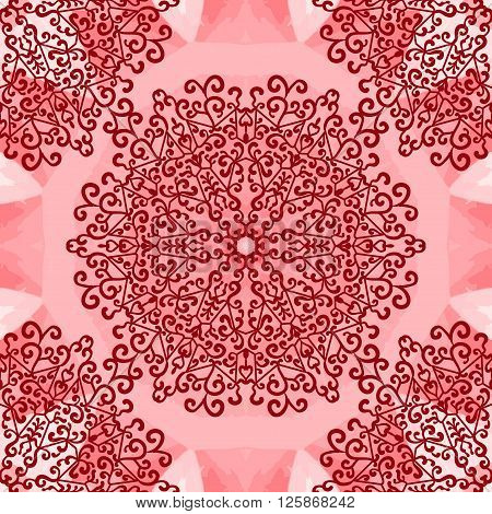 Mandala Print on Red Seamless Texture. Vintage decorative element endless hand drawn background. Islamic, Arabic, Indian, Turkish, Pakistan, Chinese, Asian, Moroccan, Ottoman motifs.Oriental vector pattern illustration.