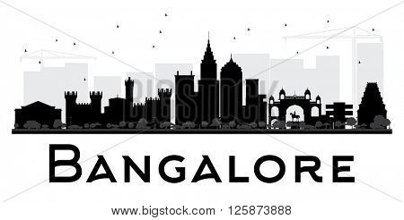 Bangalore City skyline black and white silhouette. Vector illustration. Simple flat concept for tourism presentation, banner, placard or web site. Business travel concept. Cityscape with landmarks