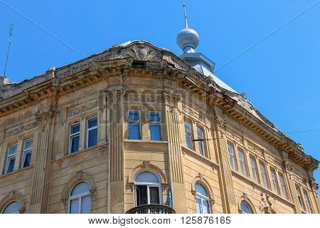 Facade of old house in historic city center. Lviv Ukraine