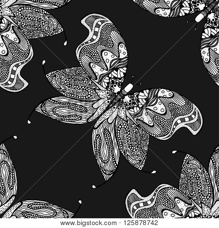 Zentangle stylized Butterfly seamless pattern for textile fashion design. Fabric. Zentangle Art collection.