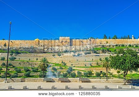 The medieval rampart hides the landmarks of the Temple Mount Jerusalem Israel.