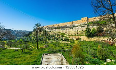 The Kidron Valley separates the Temple Mount from the Mount of Olives and contains many ancient tombs Jerusalem Israel.