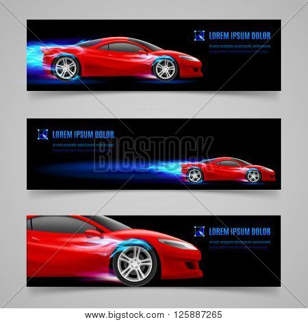 Set of banners with racing car in blue flame