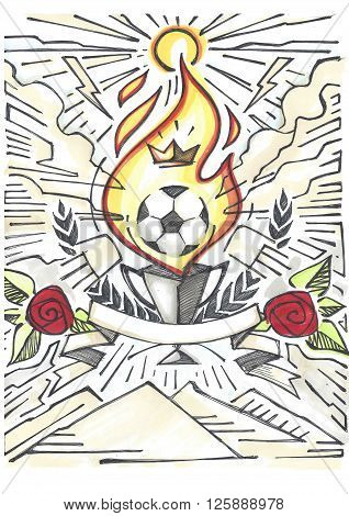 Hand drawn illustration or drawing of a soccer ball a trophee a ribbon and other elements