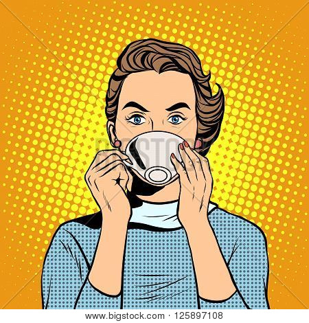 Girl with a Cup of tea or coffee pop art retro style. Hot drinks. Breakfast business woman