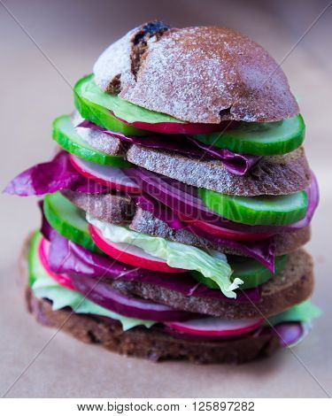 Healthy fast food vegan rye sandwich with fresh vegetables