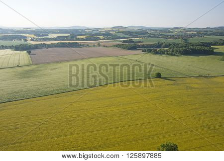 Cultivated field from above. Aerial view of meadows and cultivated fields. Birds view. Arable land