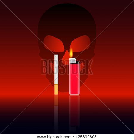 Vector illustration of the harm of smoking. Cigarette and lighter on a background of a skull. Death from smoking.