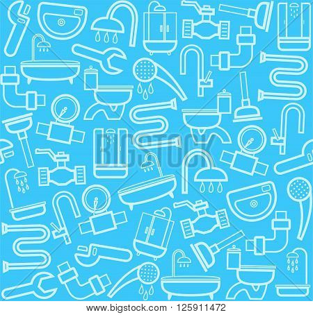 White line icons of plumbing and plumbing tools on a blue background. Vector flat background.