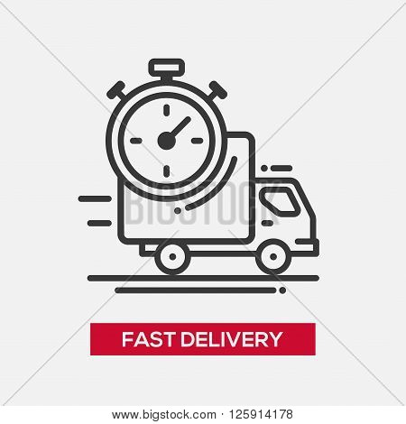 Business fast delivery service single isolated modern vector line design icon. Truck with stopwatch