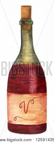 Vintage style watercolor drawing of a Burgundy shape bottle of red wine hand painted on white background