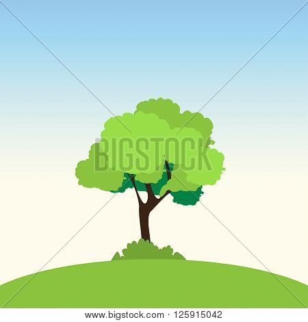Lonely Tree On A Green Slope. Vector Illustration