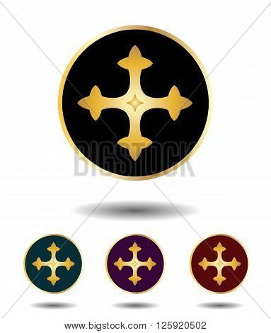 Vector Icon Logo Set 3 In 1 With Vintage Gothic Gold Cross On Black, Green, Violet And Red Backgroun