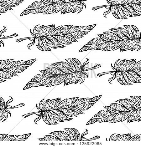 Vector black and white zendoodle feathers seamless pattern. Boho style.