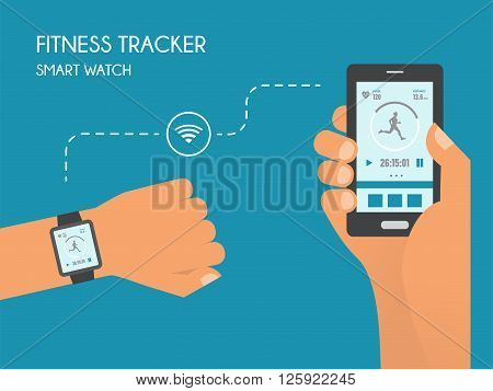 Smart Watch with  Fitness application for health. Synchronization of devices. Health test Illustration in flat style