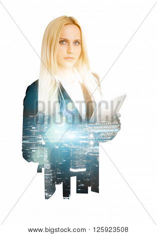 Businesswoman with notepad and cityscape. Double exposure
