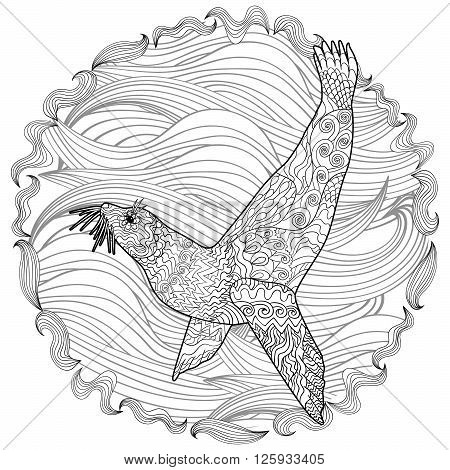 Hand drawn swimming seal with high details for anti stress coloring page, illustration in zendoodle style. Sketch for tattoo, poster, print, t-shirt in zentangle style. Vector.