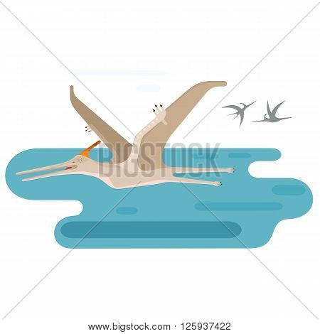 Large Pteranodon. Prehistoric flying dinosaur above blue ocean. Extinct animal. Small location useful for map or game. Flat vector illustration.