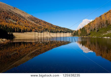 Mountain panorama from Italian Alps. Reflections on water from 