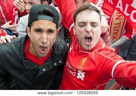 LIVERPOOL, UK - MAY 11th 2014: Liverpool Football Club supporters outside Anfield for the final title race match of the season against Newcastle