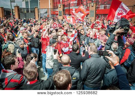 LIVERPOOL, UK - MAY 11th 2014: Liverpool Football Club supporters outside Anfield for the final title race match of the season against Newcastle