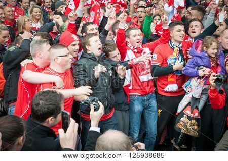 LIVERPOOL, UK - MAY 11th 2014: Liverpool Football Club supporters outside Anfield for the final title race match of the season against Newcastle
