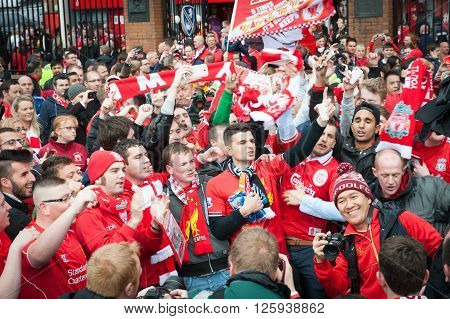 LIVERPOOL, UK - MAY 11th 2014: Liverpool Football Club supporters outside Anfield for the final title race match of the season against Newcastle