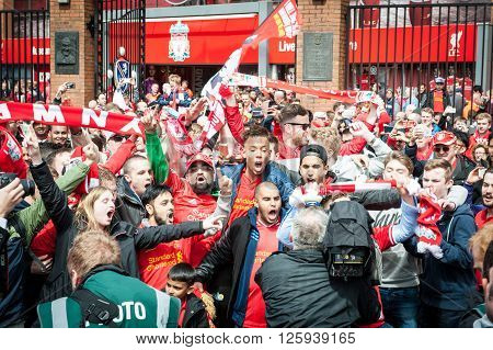 LIVERPOOL, UK - MAY 11th 2014: Liverpool Football Club supporters outside Anfield for the final title race match of the season against Newcastle