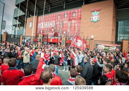 LIVERPOOL, UK - MAY 11th 2014: Liverpool Football Club supporters outside Anfield for the final title race match of the season against Newcastle