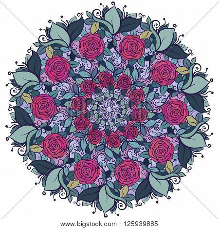 Ornamental round floral lace pattern isolated on white background. kaleidoscopic floral pattern, mandala with roses and leaves.Bright colors and decoraive swirls.