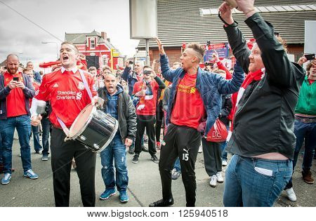 LIVERPOOL, UK - MAY 11th 2014: Liverpool Football Club supporters outside Anfield for the final title race match of the season against Newcastle