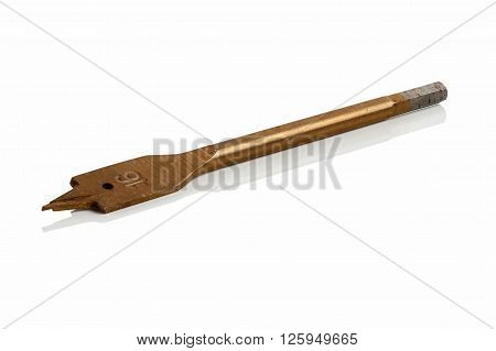 steel drill bit for wood with a coating of titanium nitrite on white background
