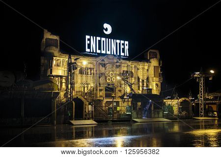 MUNICH, GERMANY - SEPTEMBER 18, 2015: Nightshot of the Encounter building on Theresienwiese where a new entertainment show takes place