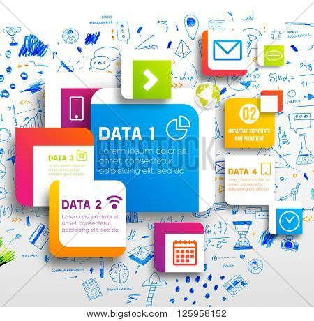 Hand Drawn Style Business Design. Pencil Sketch. Set of application development, web site coding, information and mobile technologies vector icons and elements. Modern collection. Steps and Options.