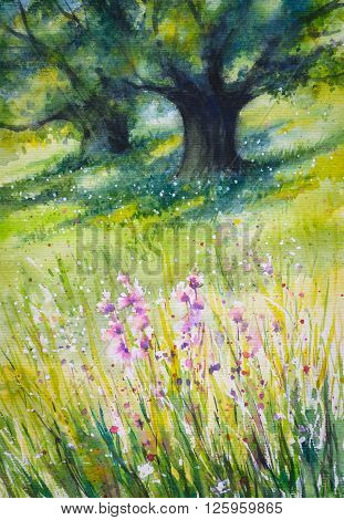 Sunny summer forest with flowers in foreground.Picture created with watercolors.