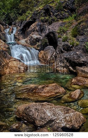 Mountain river and waterfalls in Sapadere Canyon in Turkey