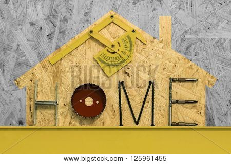 Silhouette of a suburbian house with mounting materials at OSB sheet
