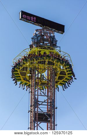 MUNICH, GERMANY - OCTOBER 02, 2015: Free fall tower at Oktoberfest with 80 meter height