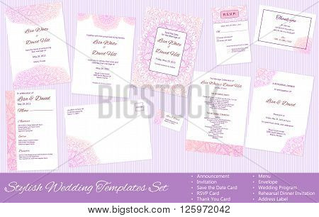 Stylish Wedding vector Templates Set. Announcement. Invitation. Save the Date, RSVP, Thank You Card, Menu, Envelope, Wedding Program, Rehearsal Dinner Invitation, Address Label.